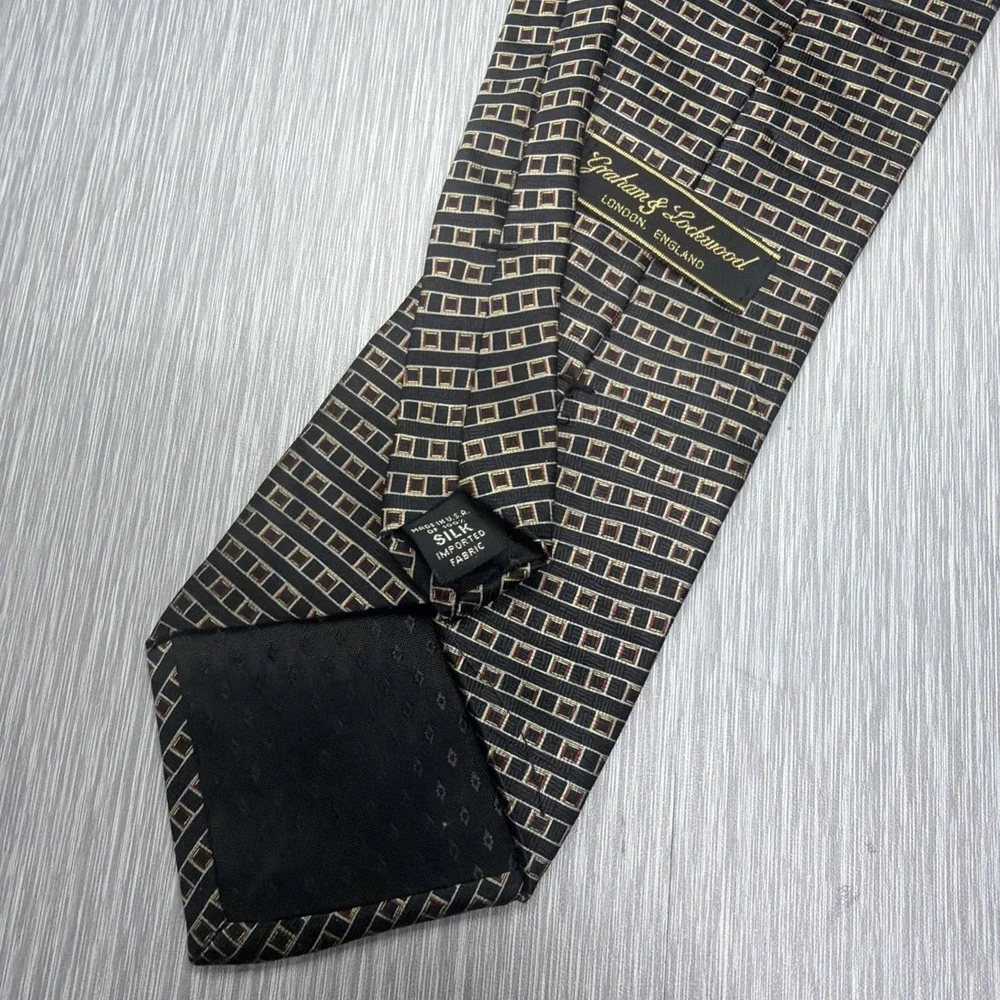 Graham Lockwood Silk Tie Black Gold Geometric Woven Mens Necktie USA‎